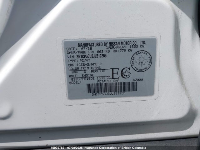 Aukcja sprzedaży 2018 Nissan Kicks, vin: 3N1CP5CU2JL519255, numer aukcji: 40076769