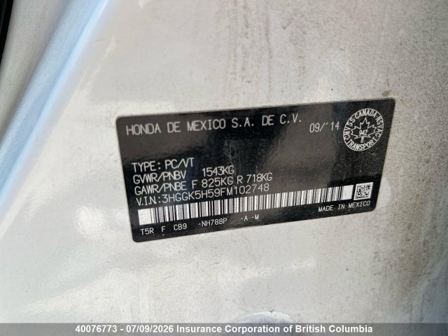 2015 Honda Fit მანქანა იყიდება აუქციონზე, vin: 3HGGK5H59FM102748, აუქციონის ნომერი: 40076773