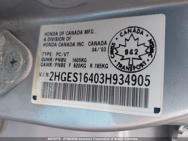 Aukcja sprzedaży 2003 Honda Civic, vin: 2HGES16403H934905, numer aukcji: 40076775