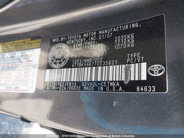 2007 Toyota Camry მანქანა იყიდება აუქციონზე, vin: 4T1BK46K77U535621, აუქციონის ნომერი: 40076782