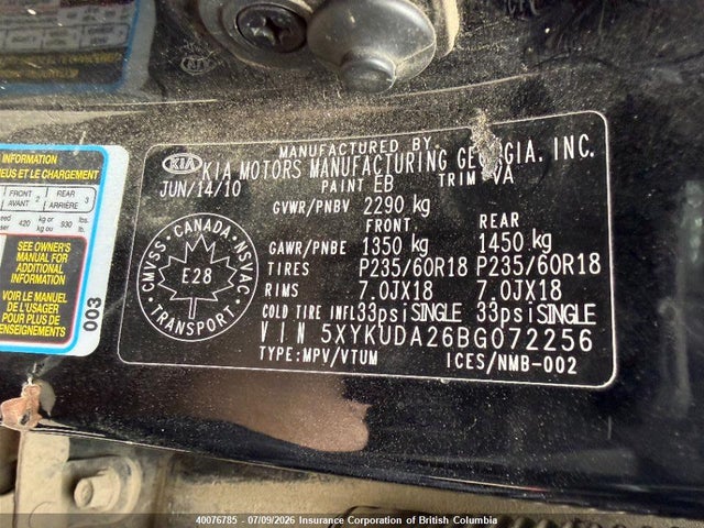 2011 Kia Sorento Ex მანქანა იყიდება აუქციონზე, vin: 5XYKUDA26BG072256, აუქციონის ნომერი: 40076785