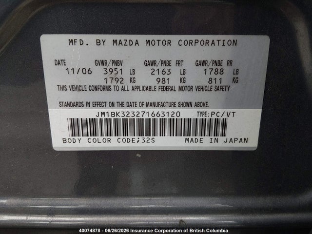 40074878 :رقم المزاد ، JM1BK323271663120 vin ، 2007 Mazda 3 S مزاد بيع