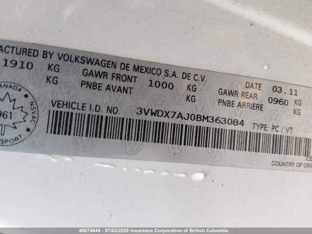 Продажа на аукционе авто 2011 Volkswagen Jetta Se, vin: 3VWDX7AJ0BM363084, номер лота: 40074644