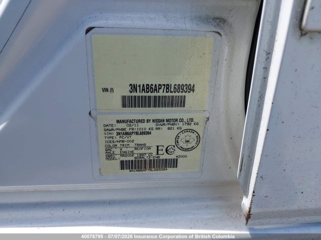 Aukcja sprzedaży 2011 Nissan Sentra 2.0/2.0s/sr/2.0sl, vin: 3N1AB6AP7BL689394, numer aukcji: 40076795