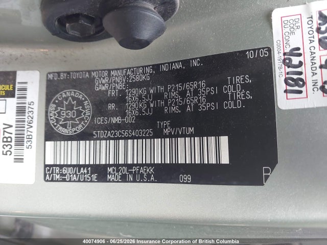2006 Toyota Sienna Ce/le მანქანა იყიდება აუქციონზე, vin: 5TDZA23C56S403225, აუქციონის ნომერი: 40074906