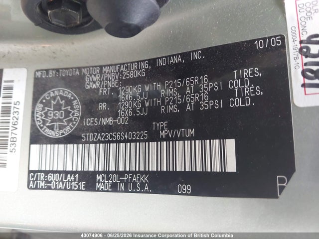 2006 Toyota Sienna Ce/le მანქანა იყიდება აუქციონზე, vin: 5TDZA23C56S403225, აუქციონის ნომერი: 40074906