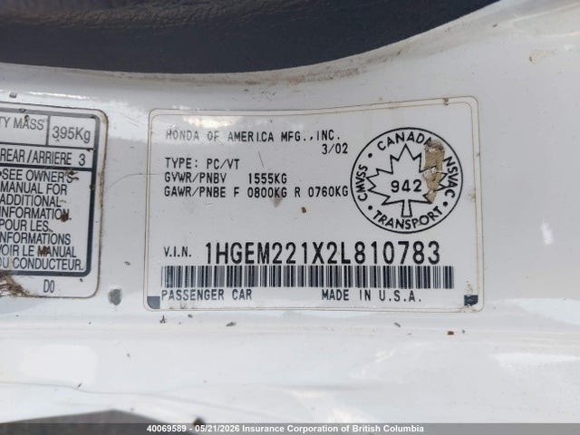 Продажа на аукционе авто 2002 Honda Civic Dx, vin: 1HGEM221X2L810783, номер лота: 40069589