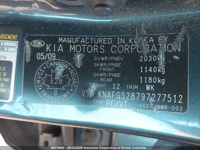 Aukcja sprzedaży 2009 Kia Rondo Lx/ex, vin: KNAFG528797277512, numer aukcji: 40074640