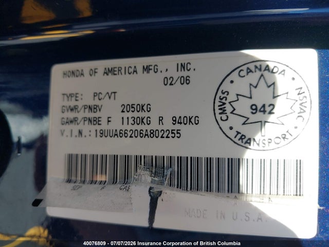 Aukcja sprzedaży 2006 Acura Tl, vin: 19UUA66206A802255, numer aukcji: 40076809