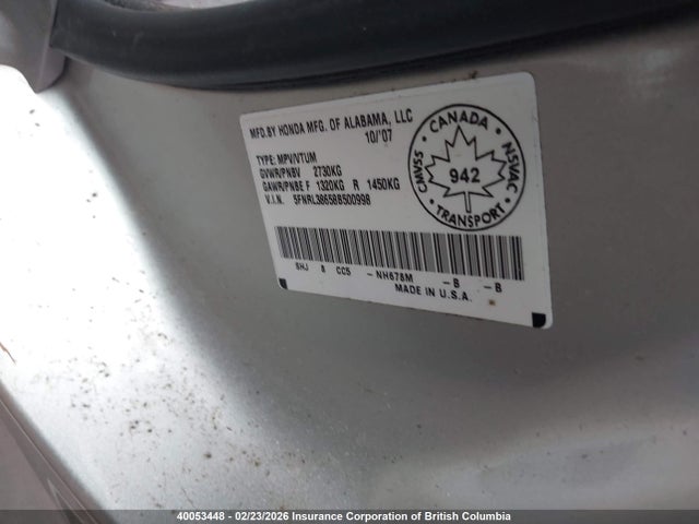 2008 Honda Odyssey Exl მანქანა იყიდება აუქციონზე, vin: 5FNRL38658B500998, აუქციონის ნომერი: 40053448