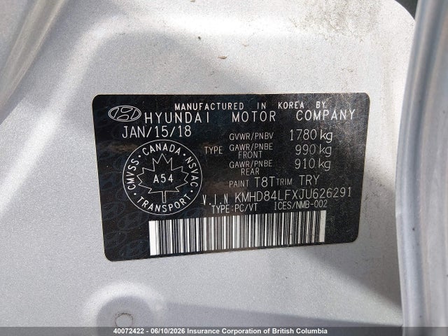 Aukcja sprzedaży 2018 Hyundai Elantra Sel/value/limited, vin: KMHD84LFXJU626291, numer aukcji: 40072422