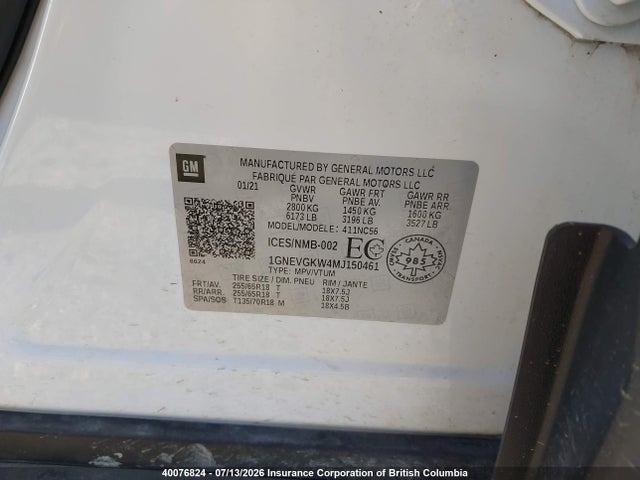 1GNEVGKW4MJ150461 Chevrolet Traverse Lt