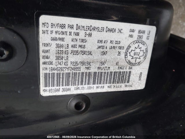 2000 Dodge Durango მანქანა იყიდება აუქციონზე, vin: 1B4HS28Z7YF240955, აუქციონის ნომერი: 40072565