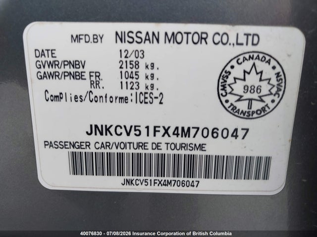Aukcja sprzedaży 2004 Infiniti G35x, vin: JNKCV51FX4M706047, numer aukcji: 40076830