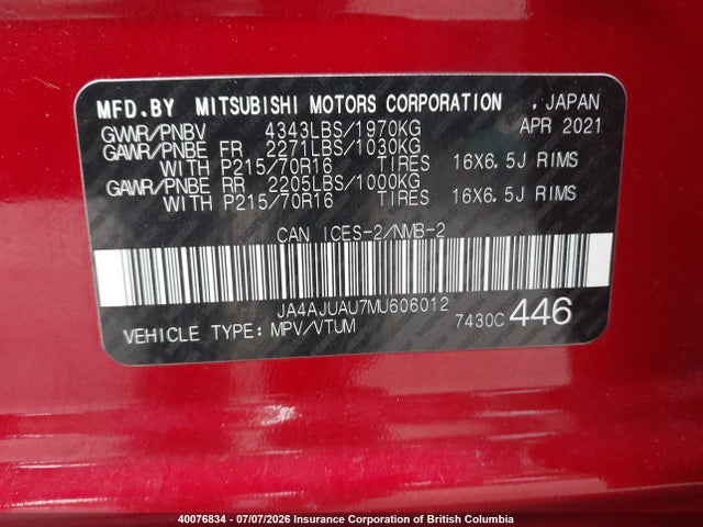 Aukcja sprzedaży 2021 Mitsubishi Rvr, vin: JA4AJUAU7MU606012, numer aukcji: 40076834