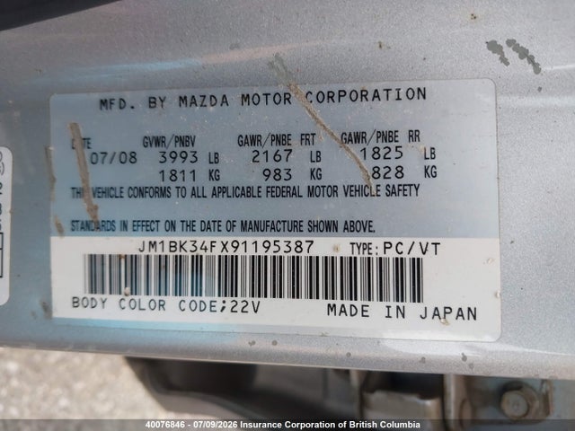40076846 :رقم المزاد ، JM1BK34FX91195387 vin ، 2009 Mazda 3 I مزاد بيع
