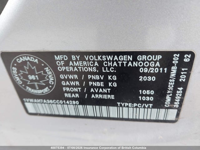 Продажа на аукционе авто 2012 Volkswagen Passat S, vin: 1VWAH7A36CC014290, номер лота: 40075394