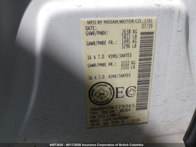 Nissan Frontier Sv 2019 1N6AD0FV2KN779965 Image 9