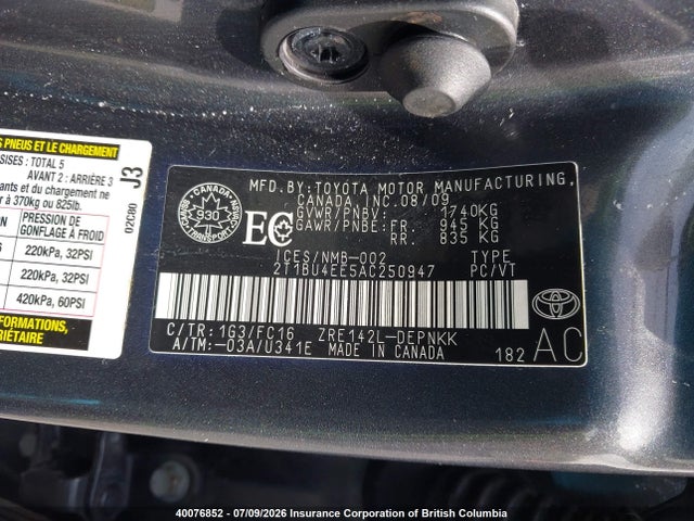 2010 Toyota Corolla Le მანქანა იყიდება აუქციონზე, vin: 2T1BU4EE5AC250947, აუქციონის ნომერი: 40076852