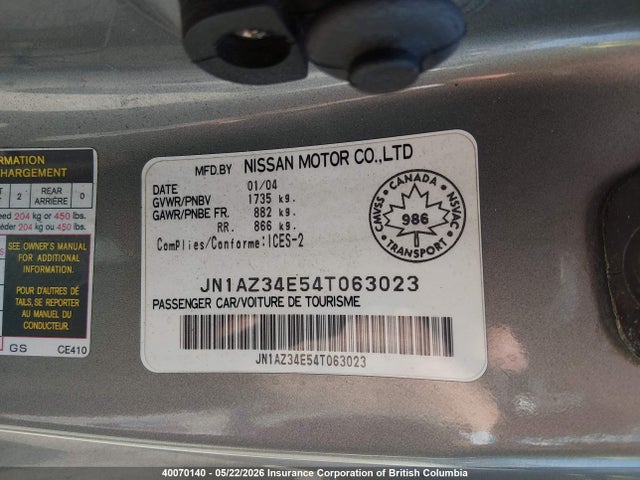 40070140 :رقم المزاد ، JN1AZ34E54T063023 vin ، 2004 Nissan 350z Coupe مزاد بيع