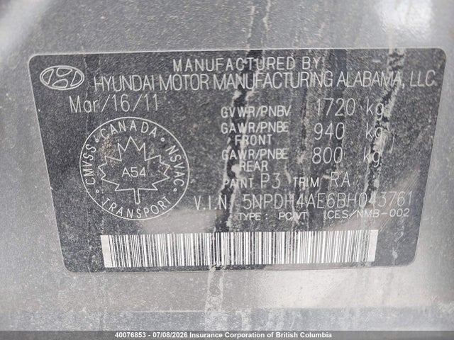 Продажа на аукционе авто 2011 Hyundai Elantra Gl, vin: 5NPDH4AE6BH043761, номер лота: 40076853