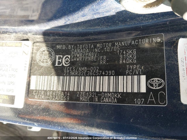 2006 Toyota Corolla Matrix Xr მანქანა იყიდება აუქციონზე, vin: 2T1KR32E36C574390, აუქციონის ნომერი: 40076870
