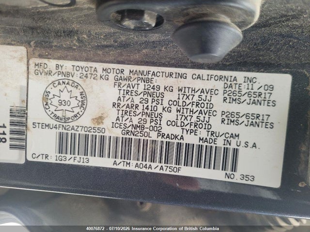 40076872 :رقم المزاد ، 5TEMU4FN2AZ702550 vin ، 2010 Toyota Tacoma V6 مزاد بيع