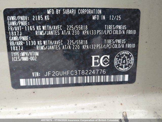 Продаж на аукціоні авто 2026 Subaru Crosstrek Sport, vin: JF2GUHFC3T8224776, номер лоту: 40076876