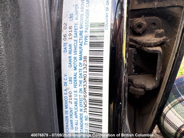 40076879 :رقم المزاد ، 3VWSP69M33M013238 vin ، 2003 Volkswagen Jetta مزاد بيع