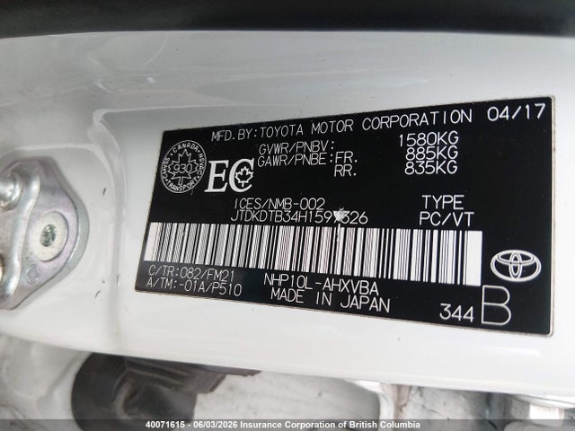 2017 Toyota Prius C მანქანა იყიდება აუქციონზე, vin: JTDKDTB34H1597326, აუქციონის ნომერი: 40071615