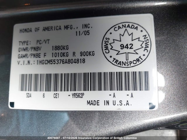Продаж на аукціоні авто 2006 Honda Accord Se, vin: 1HGCM55376A804818, номер лоту: 40076887