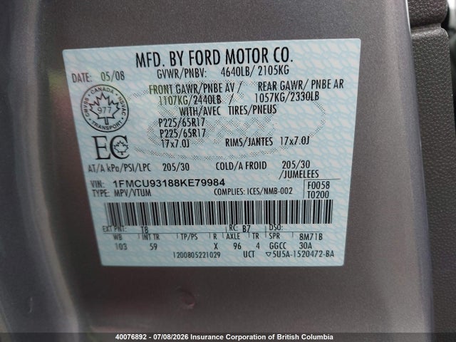 40076892 :رقم المزاد ، 1FMCU93188KE79984 vin ، 2008 Ford Escape Xlt مزاد بيع