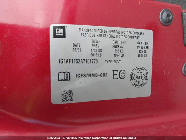 Auction sale of the 2010 Chevrolet Cobalt 2lt, vin: 1G1AF1F52A7101778, lot number: 40076893