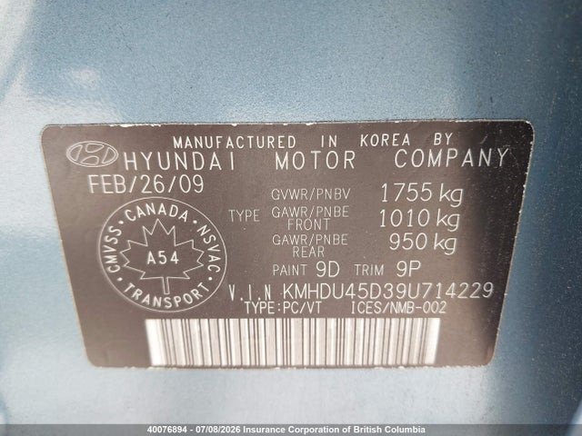 Aukcja sprzedaży 2009 Hyundai Elantra Gl/l, vin: KMHDU45D39U714229, numer aukcji: 40076894