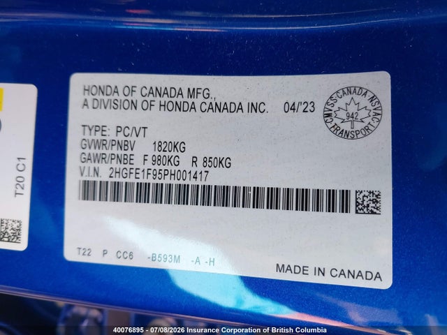 2023 Honda Civic მანქანა იყიდება აუქციონზე, vin: 2HGFE1F95PH001417, აუქციონის ნომერი: 40076895