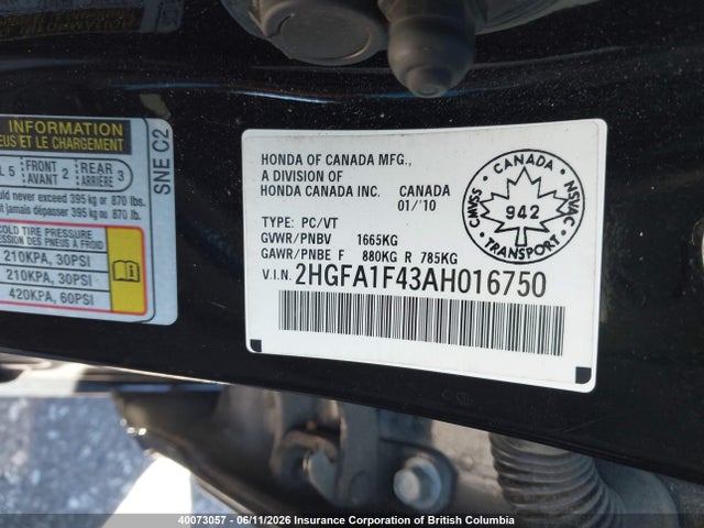 2010 Honda Civic Dx-g მანქანა იყიდება აუქციონზე, vin: 2HGFA1F43AH016750, აუქციონის ნომერი: 40073057