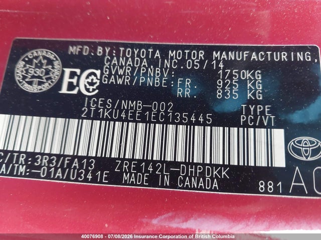 2014 Toyota Matrix S მანქანა იყიდება აუქციონზე, vin: 2T1KU4EE1EC135445, აუქციონის ნომერი: 40076908