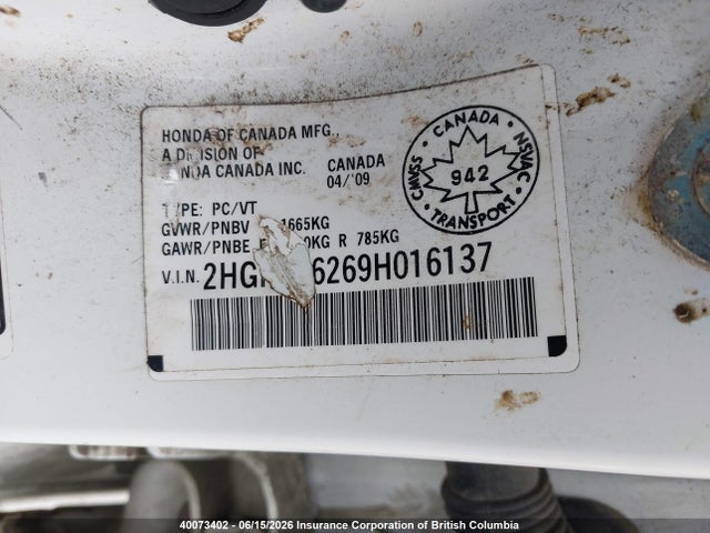 2009 Honda Civic Dx მანქანა იყიდება აუქციონზე, vin: 2HGFA16269H016137, აუქციონის ნომერი: 40073402