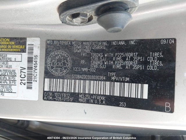 2005 Toyota Sienna Le მანქანა იყიდება აუქციონზე, vin: 5TDBA23C55S030364, აუქციონის ნომერი: 40074304
