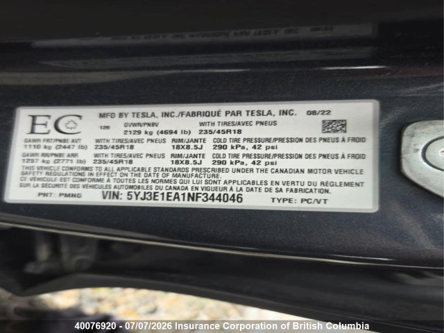 Tesla MODEL 3 2022 5YJ3E1EA1NF344046 Image 13