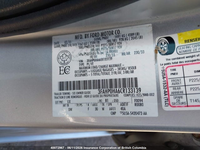Aukcja sprzedaży 2012 Ford Fusion Se, vin: 3FAHP0HA6CR133139, numer aukcji: 40072967
