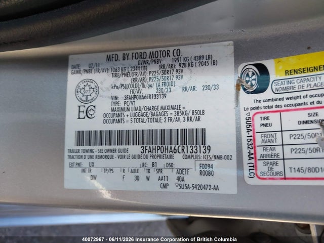 Aukcja sprzedaży 2012 Ford Fusion Se, vin: 3FAHP0HA6CR133139, numer aukcji: 40072967