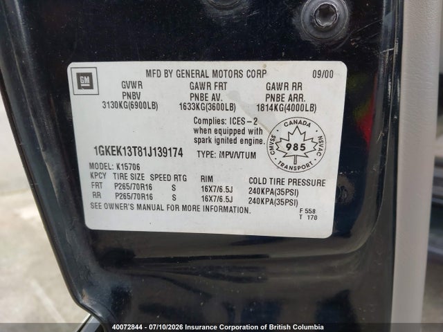 2001 Gmc Yukon მანქანა იყიდება აუქციონზე, vin: 1GKEK13T81J139174, აუქციონის ნომერი: 40072844