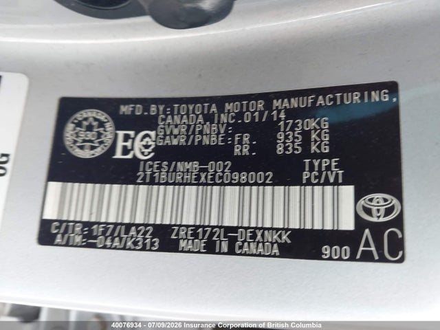 2014 Toyota Corolla L/le/le Pls/prm/s/s Pls მანქანა იყიდება აუქციონზე, vin: 2T1BURHEXEC098002, აუქციონის ნომერი: 40076934