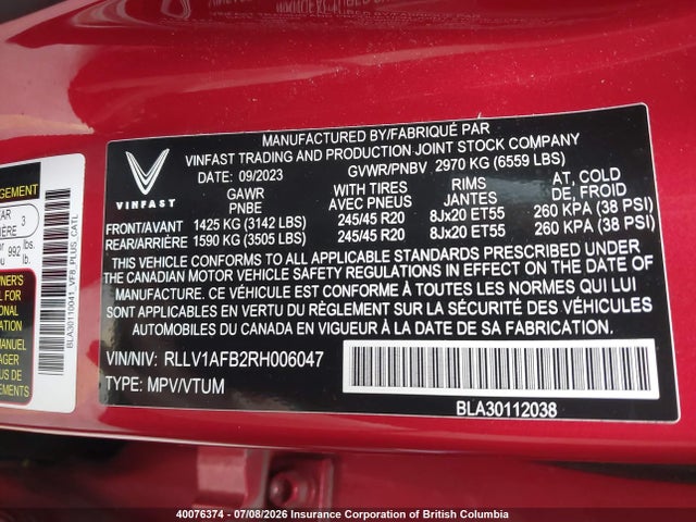 Продажа на аукционе авто 2024 Vinfast Vf 8 Plus, vin: RLLV1AFB2RH006047, номер лота: 40076374