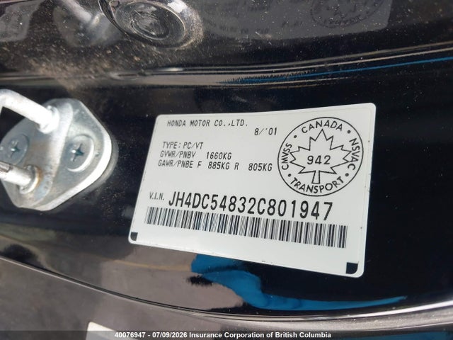 2002 Acura Rsx მანქანა იყიდება აუქციონზე, vin: JH4DC54832C801947, აუქციონის ნომერი: 40076947