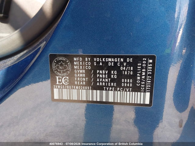 2019 Volkswagen Jetta 1.4 Tsi Execline მანქანა იყიდება აუქციონზე, vin: 3VWG57BU7KM026892, აუქციონის ნომერი: 40076943