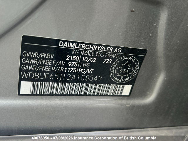 Aukcja sprzedaży 2003 Mercedes-benz E 320, vin: WDBUF65J13A155349, numer aukcji: 40076950