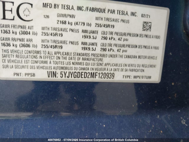 Tesla Model Y 2021 5YJYGDED2MF120939 Image 9