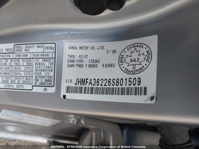Aukcja sprzedaży 2006 Honda Civic, vin: JHMFA36226S801509, numer aukcji: 40076953